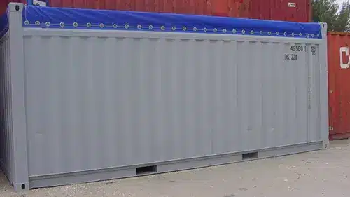 Grey open top container for sale with blue tarp