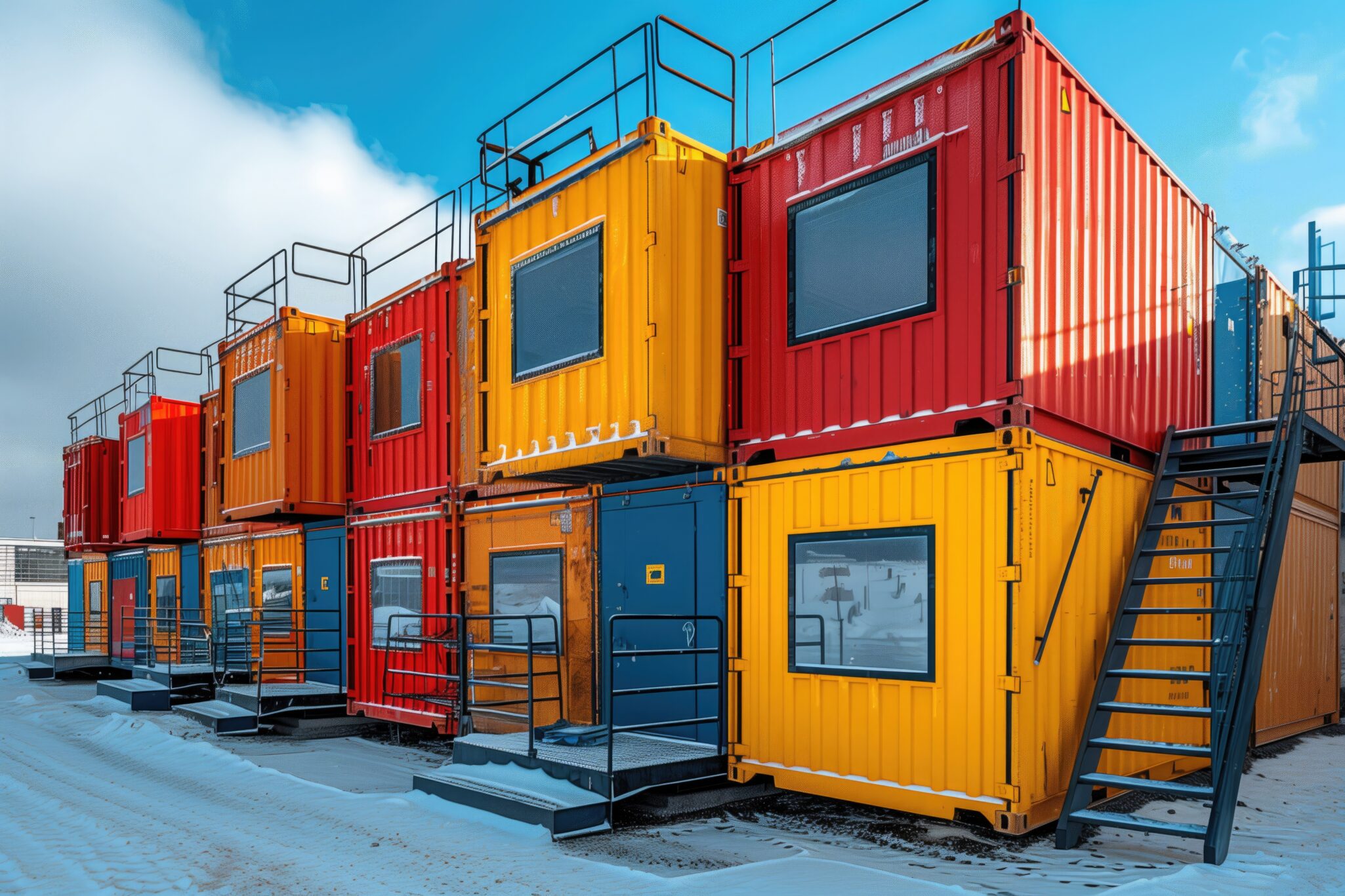 Shipping containers repurposed as on-site offices or storage units in a disaster relief area.