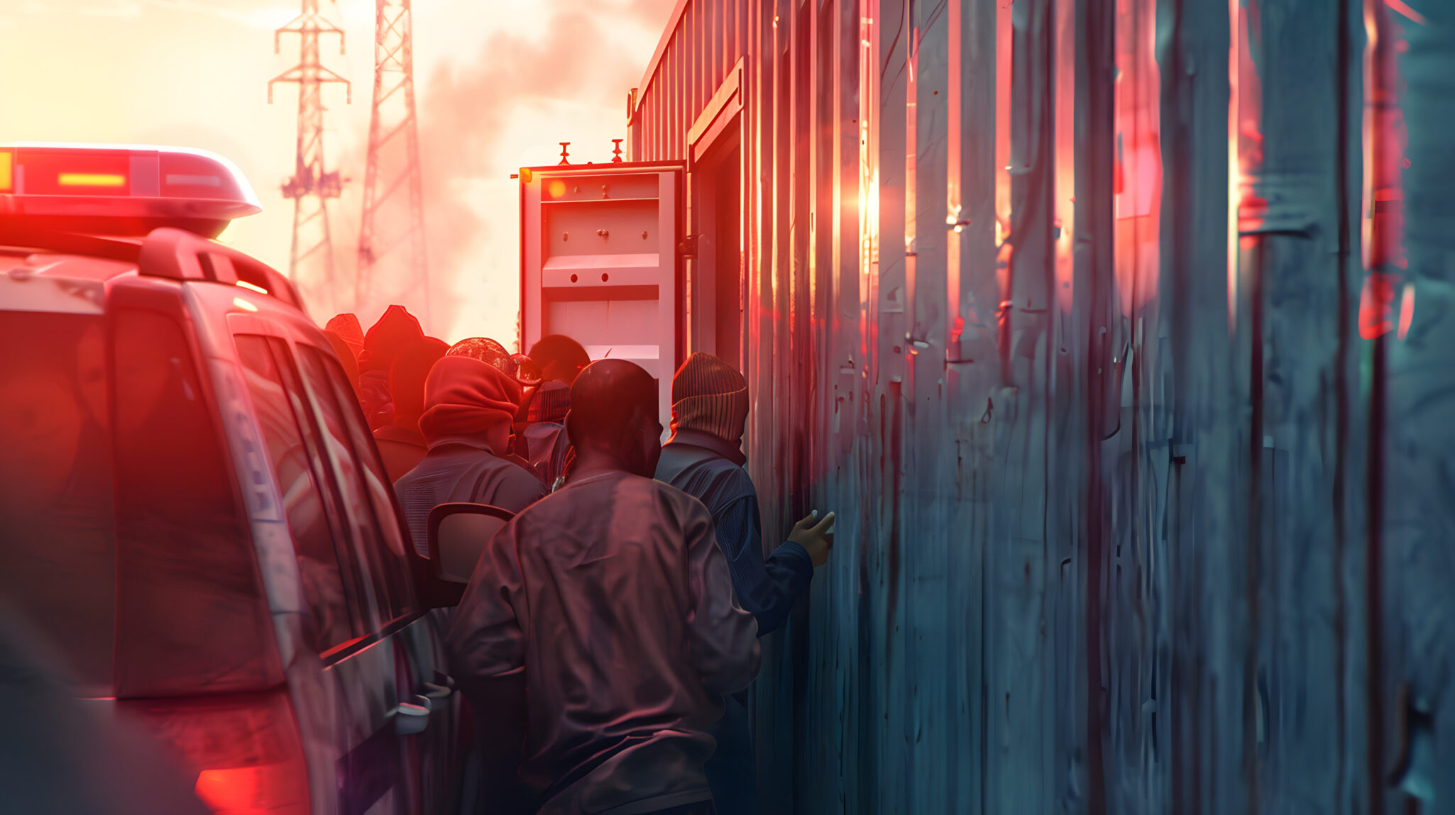 A group of volunteers and emergency responders gathering to meet inside a shipping container set up as temporary office against the background of a police car. 