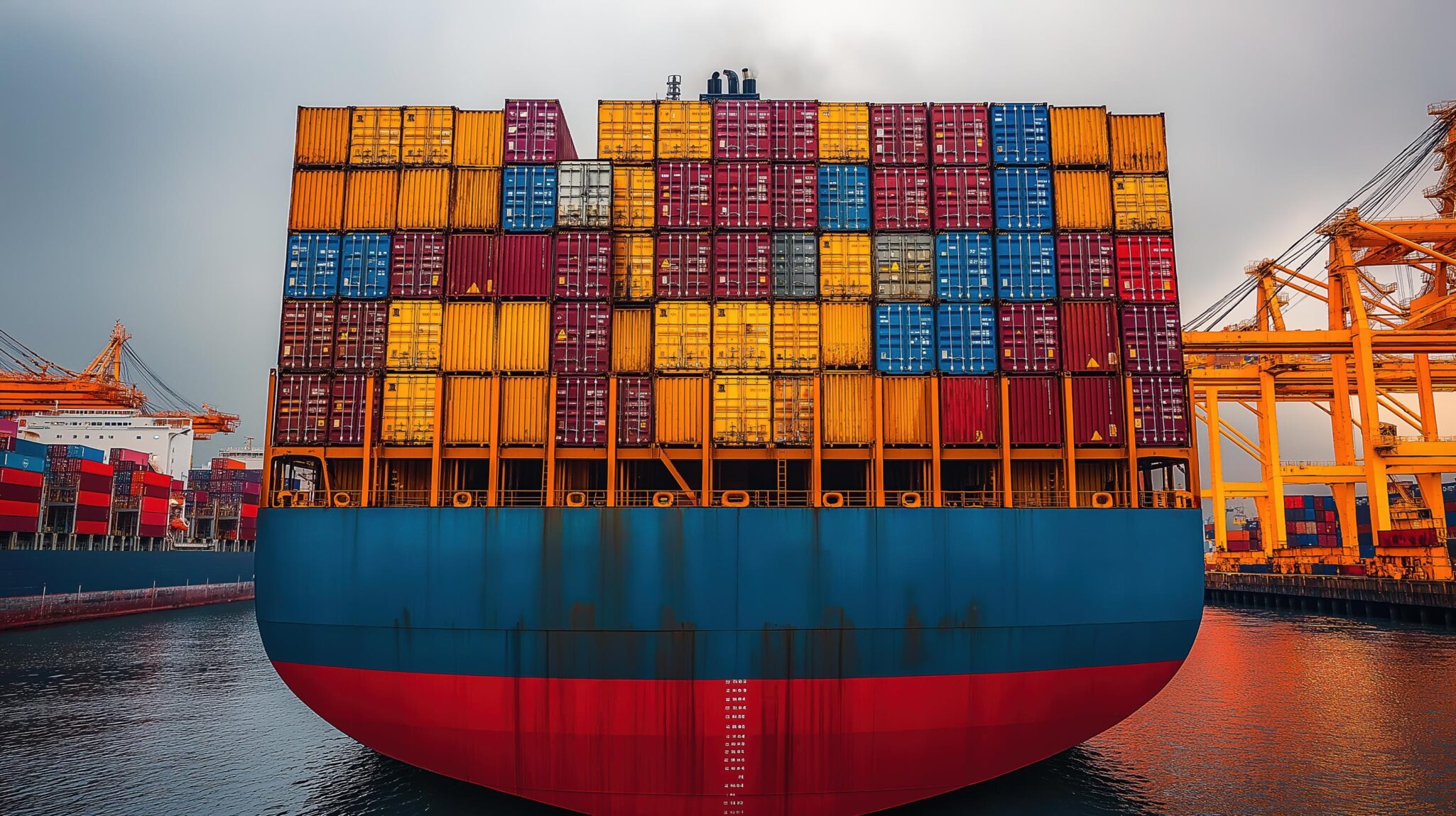 Large container ship with a high stack of colorful shipping containers at a port.