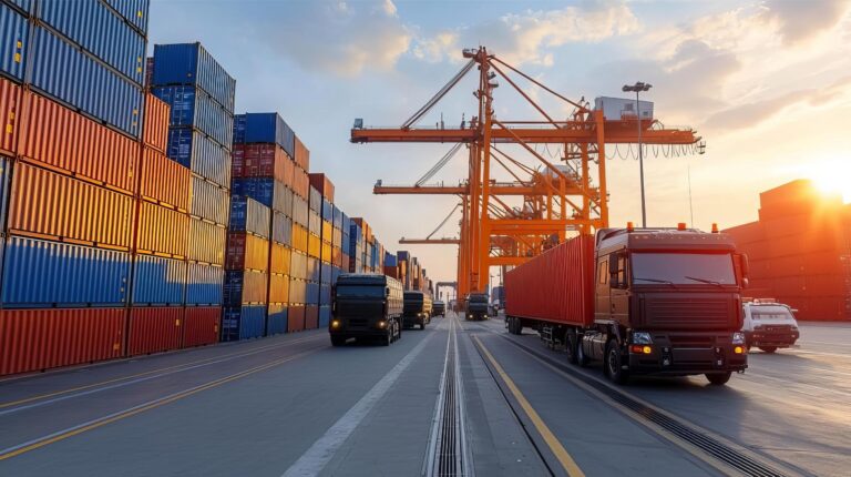 Container terminal with rows of colorful shipping containers, cranes, and semi-trucks at sunset