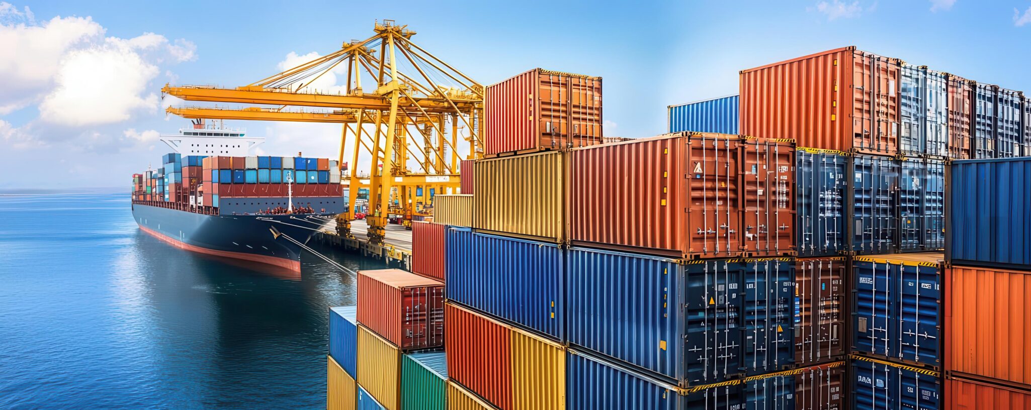 Large container ship docked at a busy port, loaded with colorful shipping containers, with cranes visible for loading and unloading.