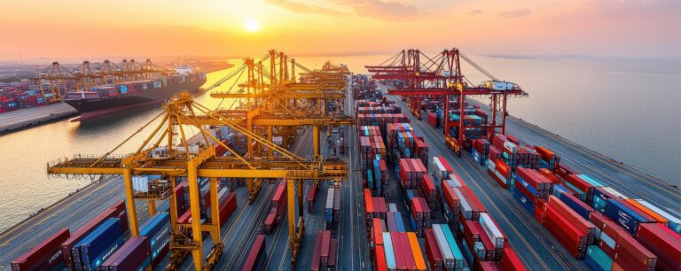 Overhead view of a busy shipping yard with a sunset in the background.