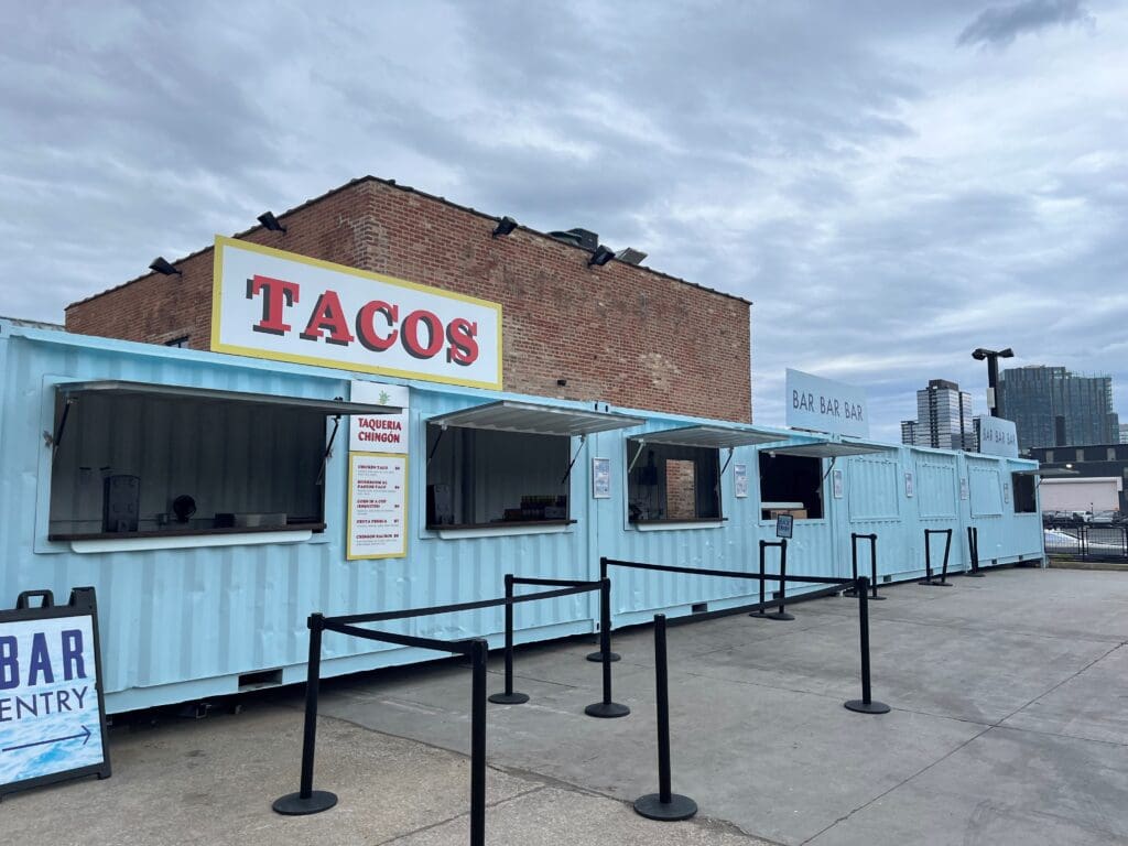 Taco concession stand made from modified shipping containers. 