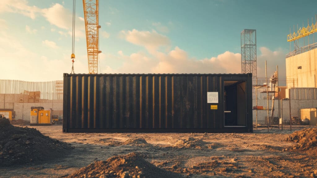 Construction job site storage shipping containers to protect equipment and materials.