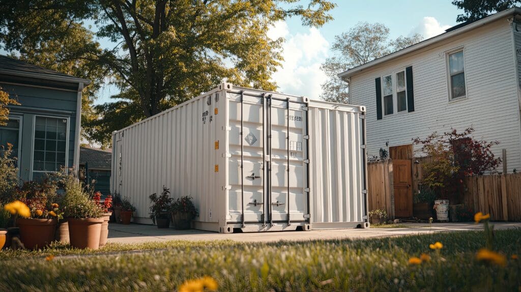 White Painted Shipping Container Placed Between Houses.  Home owners storage in back yard.