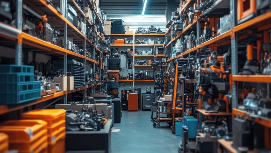 A garage full of various car parts, including engine components and electrical equipment, arranged on shelves in an organized manner. The scene is captured from the perspective of someone standing at ground level looking up into one side of the space. This visual representation highlights how complex it can be to try to open your own repair shop without first understanding all there is to know about automotive repair. Realistic photography.