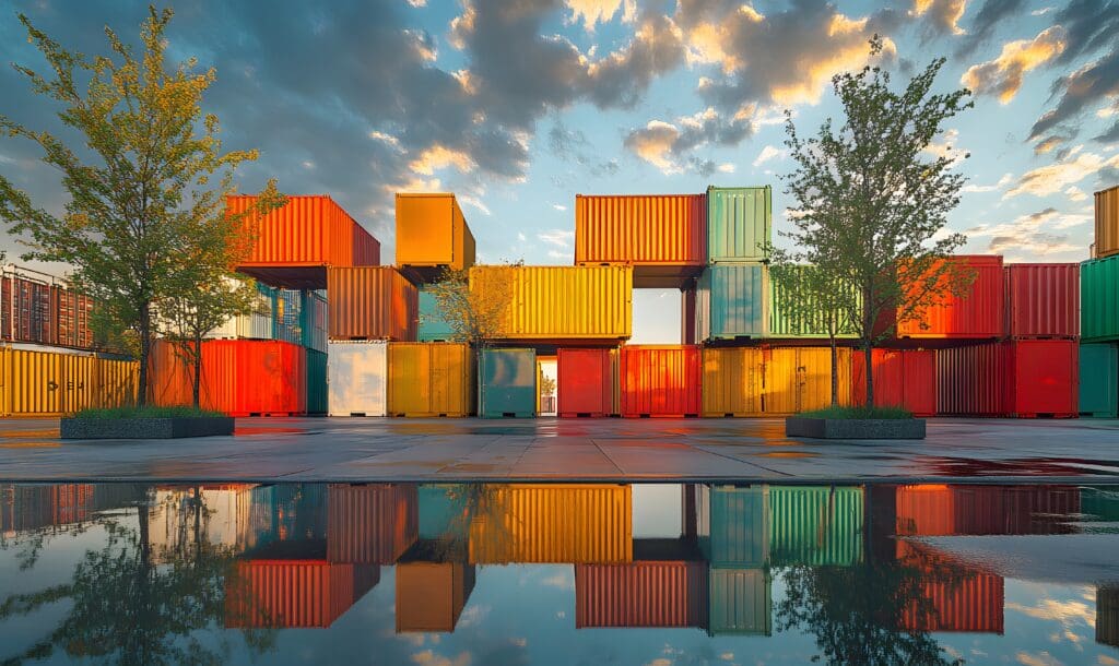 Artistic urban landscape with stacked colorful shipping containers painted and modified, water reflection, and natural framing from trees under a partly cloudy sky.