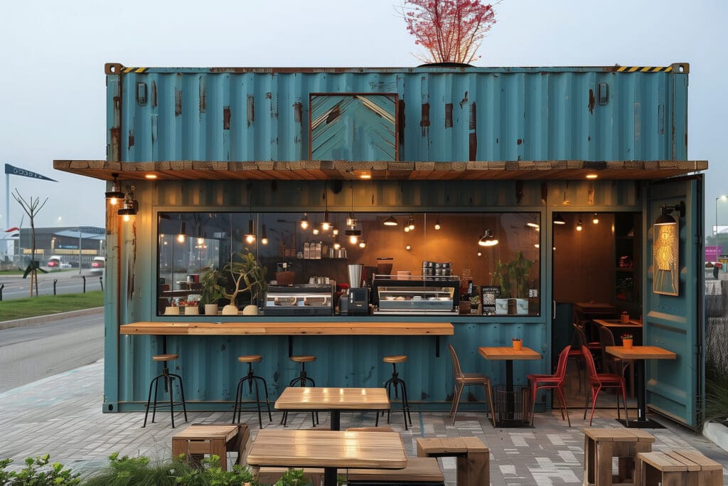 Blue shipping container converted to a bar or restaurant. 