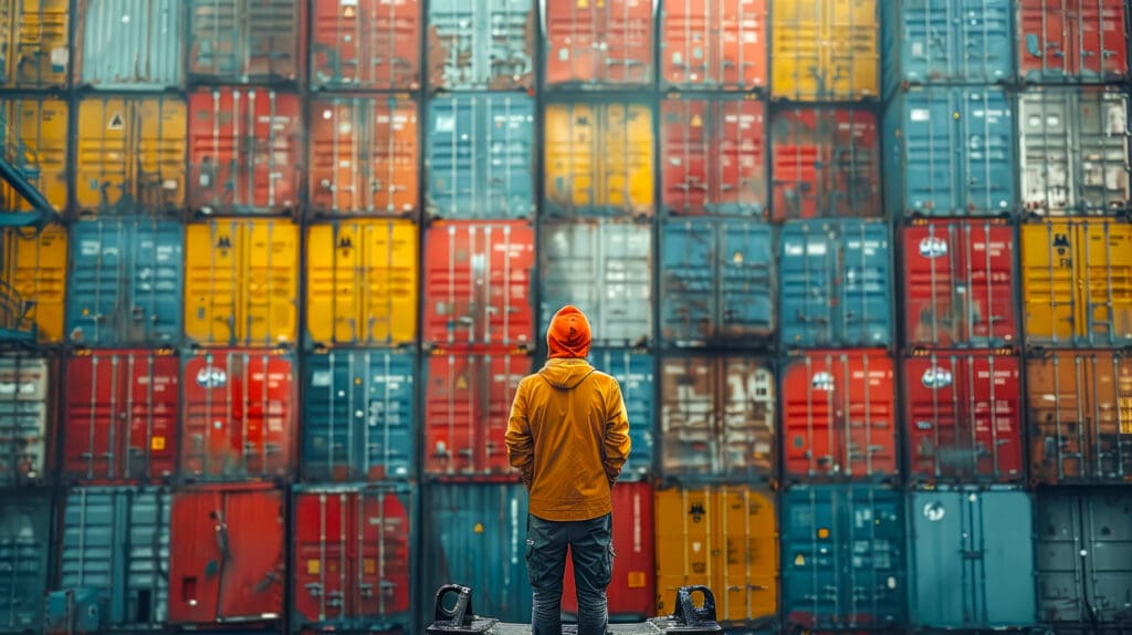 Worker in orange shirt looking up at Used Wind and Water Tight Containers to decide which one to choose.