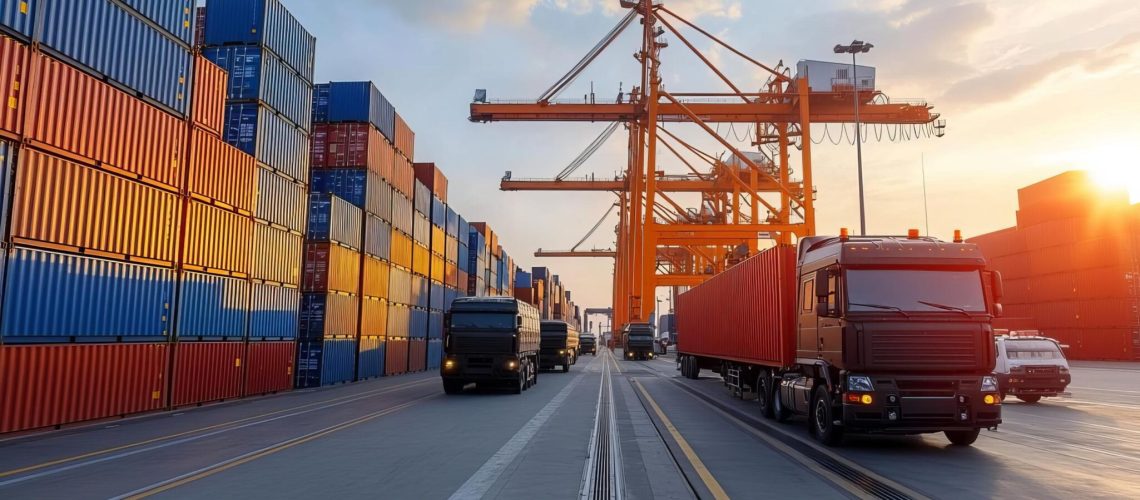 Container terminal with rows of colorful shipping containers, cranes, and semi-trucks at sunset