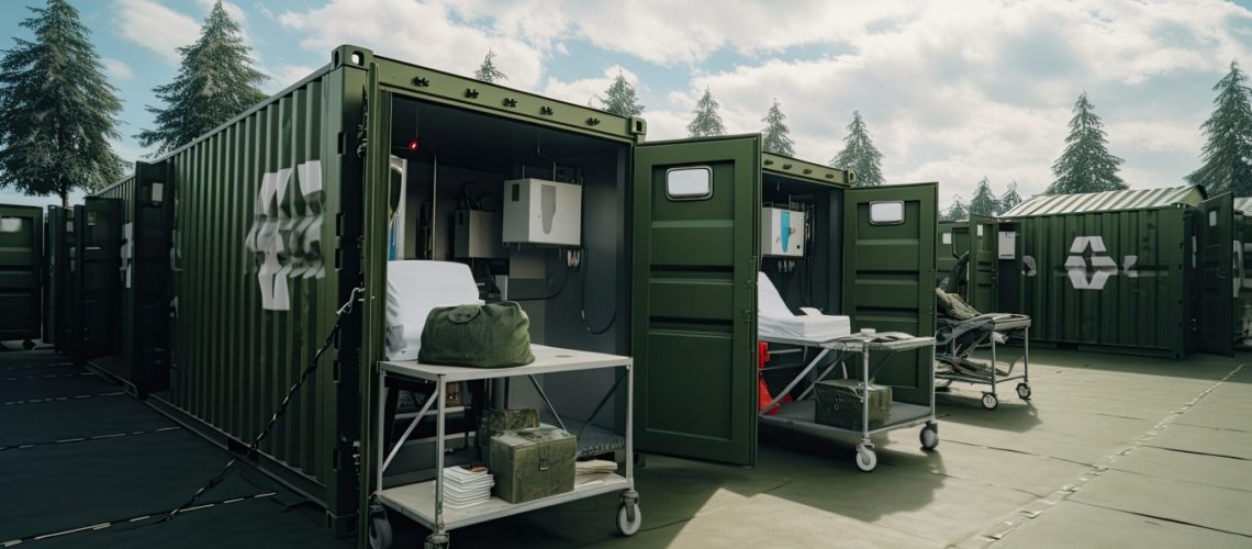 A row of green metal shipping container boxes set up as a field hospital, used in disaster relief and recovery.