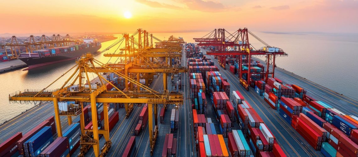 Overhead view of a busy shipping yard with a sunset in the background.